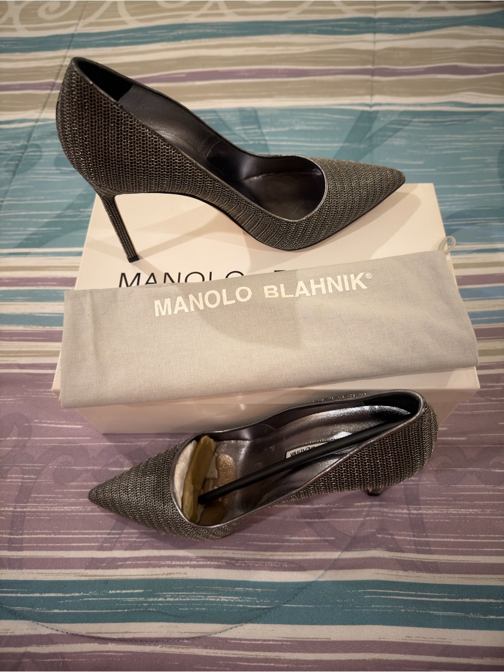 Manolo Blahnik Black Textured Pointed-Toe Stiletto Pumps - Picture 3 of 5